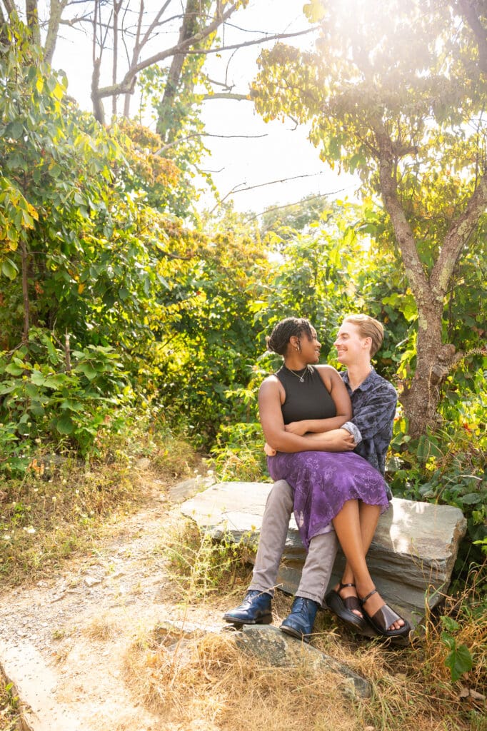 Shenandoah National Park engaged couple holding each other
