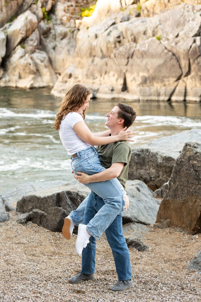 Great Falls Park Virginia couple smiling at each other