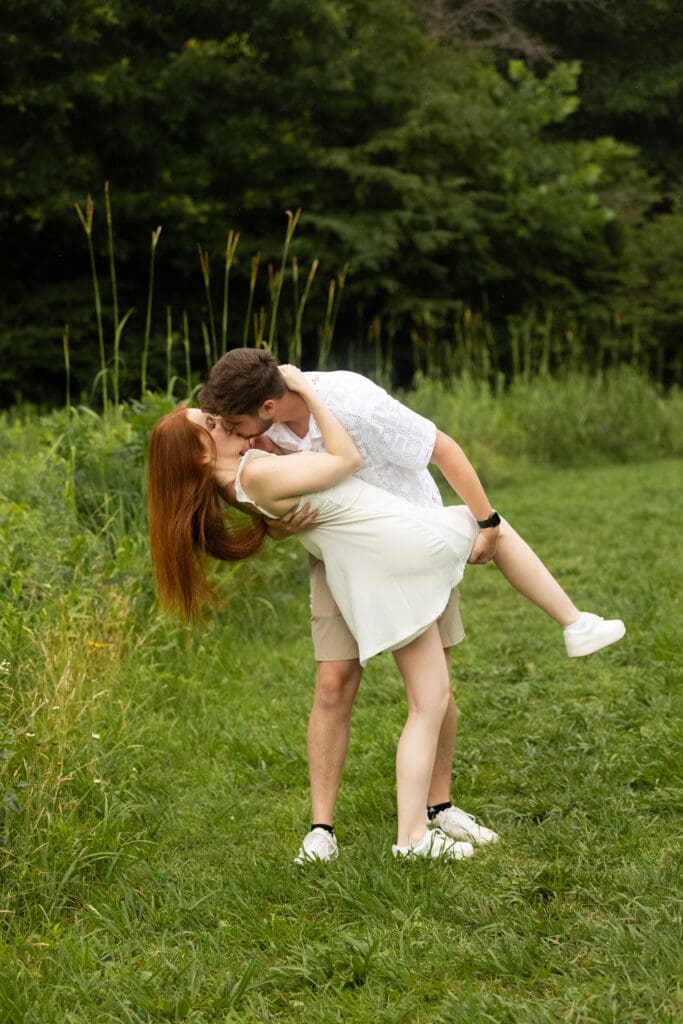 Dip kiss engagement photography at Ellanor C. Lawrence Park