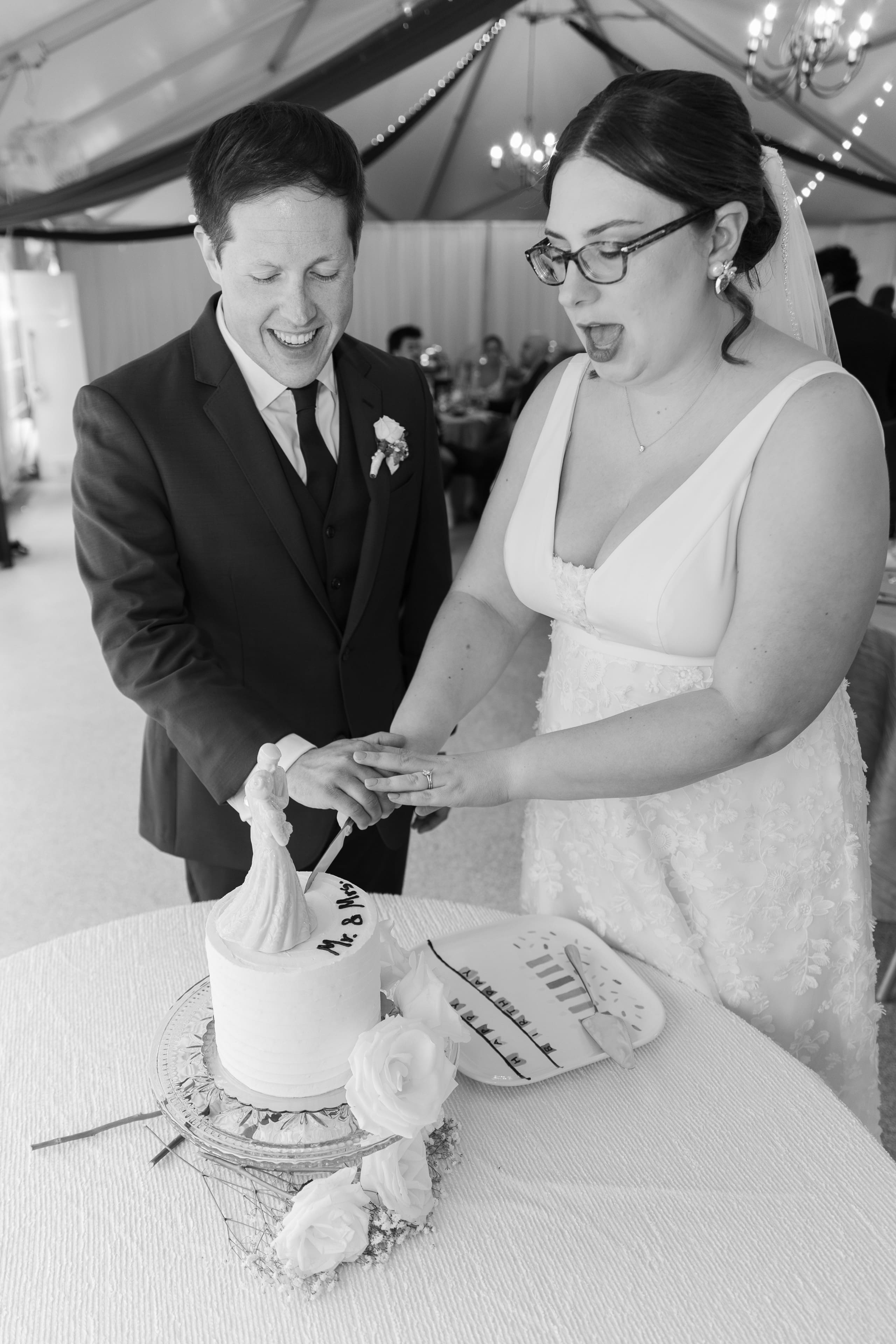 cake cutting bride and groom smiling